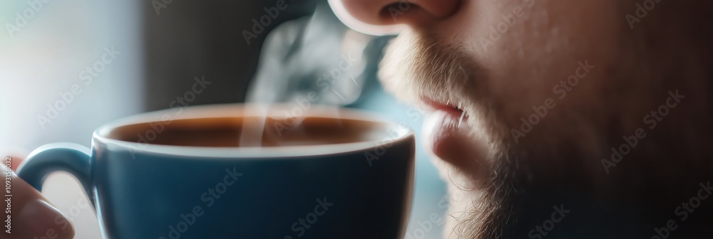 A close-up of a man savoring the aroma of steaming coffee, illustrating the comforting ritual and joy found in simple pleasures during morning routines. A close-up of a man savoring the aroma of steaming coffee, illustrating the comforting ritual and joy found in simple pleasures during morning routines.