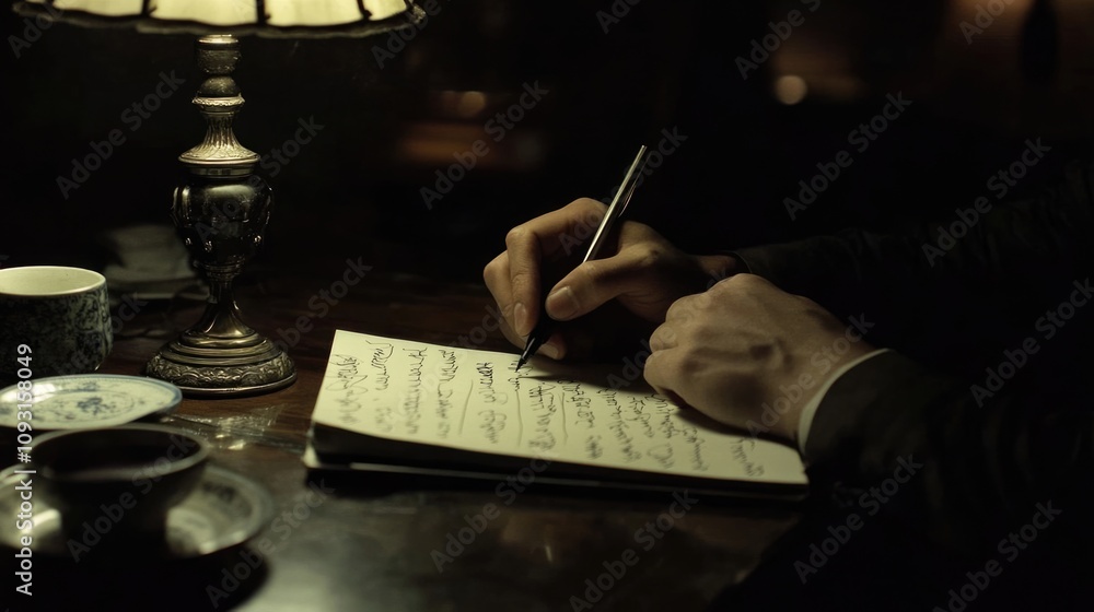 Hand gracefully writing on blank notebook under warm lamp. Cozy atmosphere. Elegant pen. Creativity and inspiration. Old fashion prose book, poetry writer, poet. Retro vintage romantic letter Hand gracefully writing on blank notebook under warm lamp. Cozy atmosphere. Elegant pen. Creativity and inspiration. Old fashion prose book, poetry writer, poet. Retro vintage romantic letter