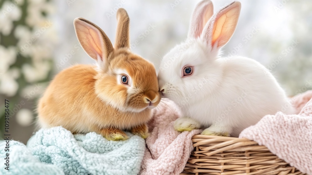 Obraz premium A Pair of Cozy Rabbits Snuggling in a Wicker Basket Surrounded by Soft Pastel Blankets