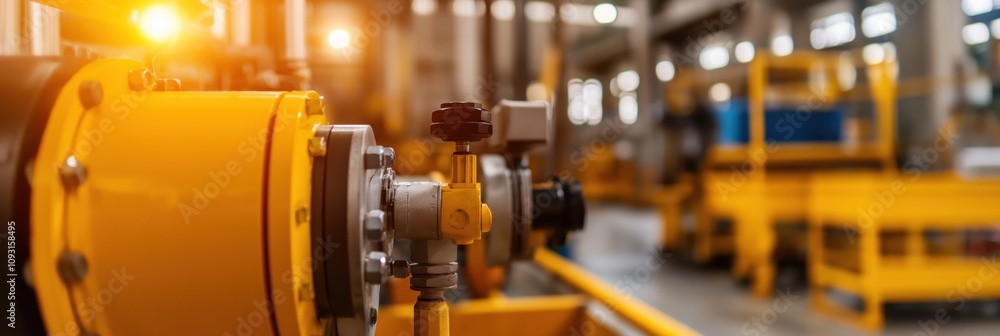 A close-up look at industrial machinery, with vibrant yellow components that highlight powerful engineering and the intricacies involved in modern manufacturing and its processes. A close-up look at industrial machinery, with vibrant yellow components that highlight powerful engineering and the intricacies involved in modern manufacturing and its processes.