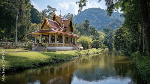 Serene Traditional Thai Pavilion Surrounded by Lush Greenery and Reflective Waters, Set Against Majestic Mountains Under Clear Blue Sky