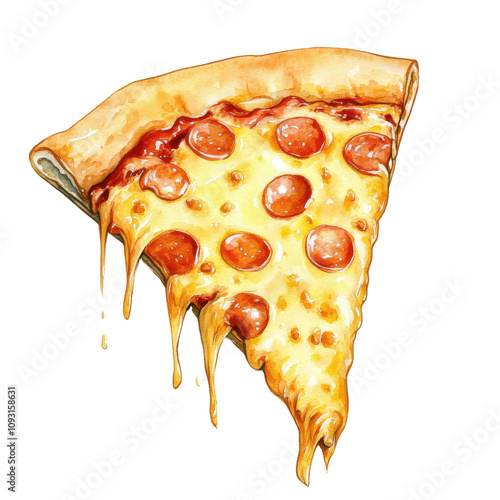 Delicious pepperoni pizza slice with melted cheese, white isolate background. photo