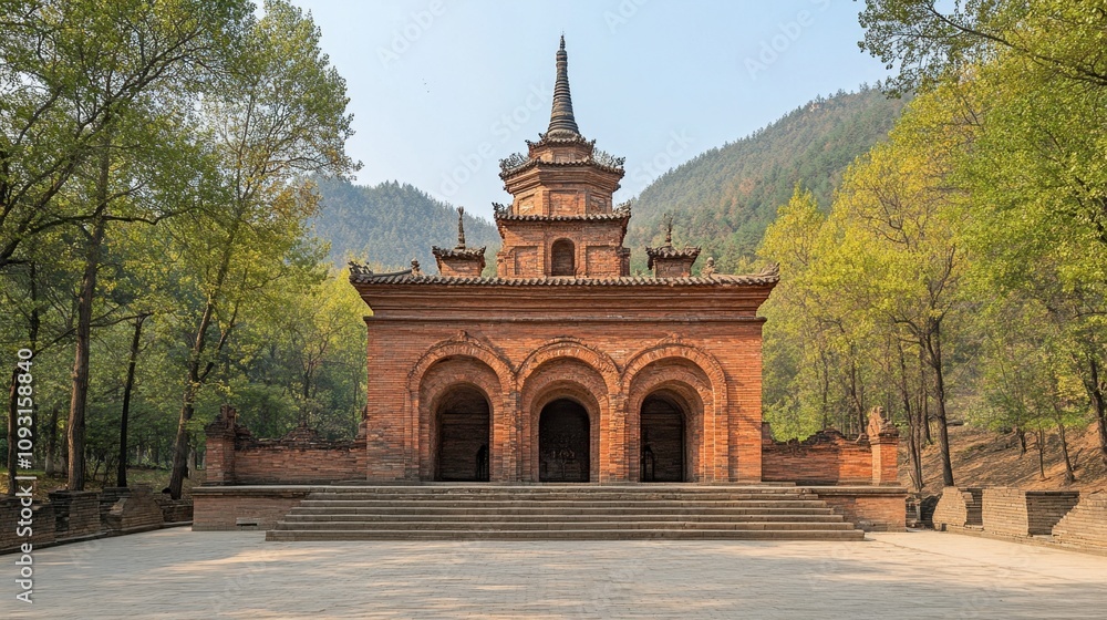 Fototapeta premium Serene Ancient Pagoda Surrounded by Lush Greenery and Mountains in Sunlight, Capturing Tranquility and Architectural Beauty in Nature