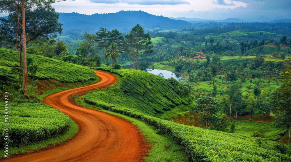 Scenic Curved Road Through Lush Green Tea Plantation Overlooking Serene Lake with Mountains in Background at Dusk in Asia Scenic Curved Road Through Lush Green Tea Plantation Overlooking Serene Lake with Mountains in Background at Dusk in Asia