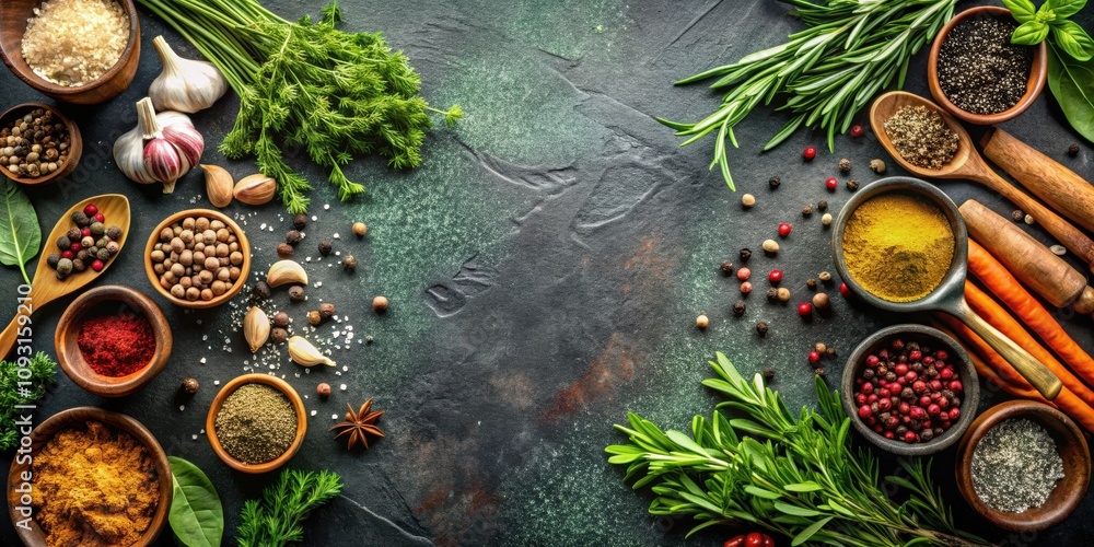 A culinary arrangement of spices, herbs, and garlic on a dark stone background, ready to inspire your next culinary adventure. A culinary arrangement of spices, herbs, and garlic on a dark stone background, ready to inspire your next culinary adventure.