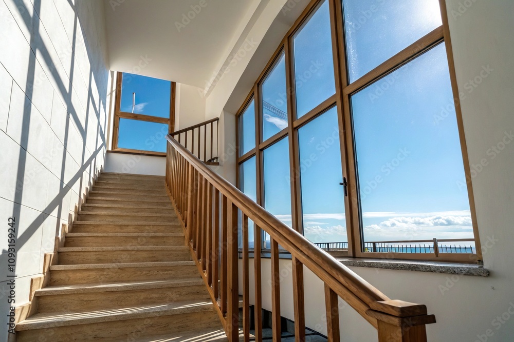 Obraz premium Staircase with wooden railing and steps leading up to a large window with a clear blue sky background, wooden staircase, home decor