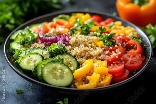 Photo Quinoa Salad Cucumber Tomato Pepper Onion Healthy Food