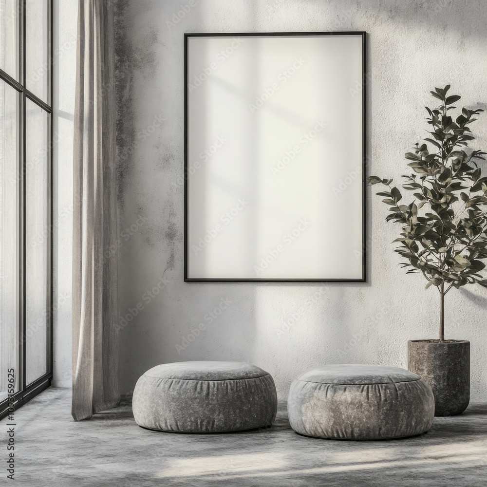 Modern Living Room with Blank Poster Frame, Gray and White Decor, Large Round Concrete Footstools, and Natural Light Modern Living Room with Blank Poster Frame, Gray and White Decor, Large Round Concrete Footstools, and Natural Light