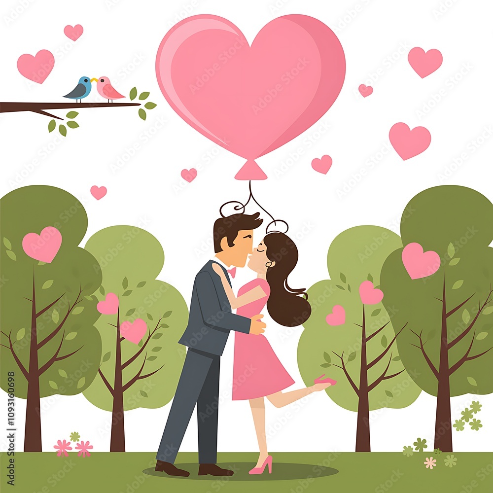 Romantic Couple Kissing Under Heart Shaped Balloon Romantic Couple Kissing Under Heart Shaped Balloon
