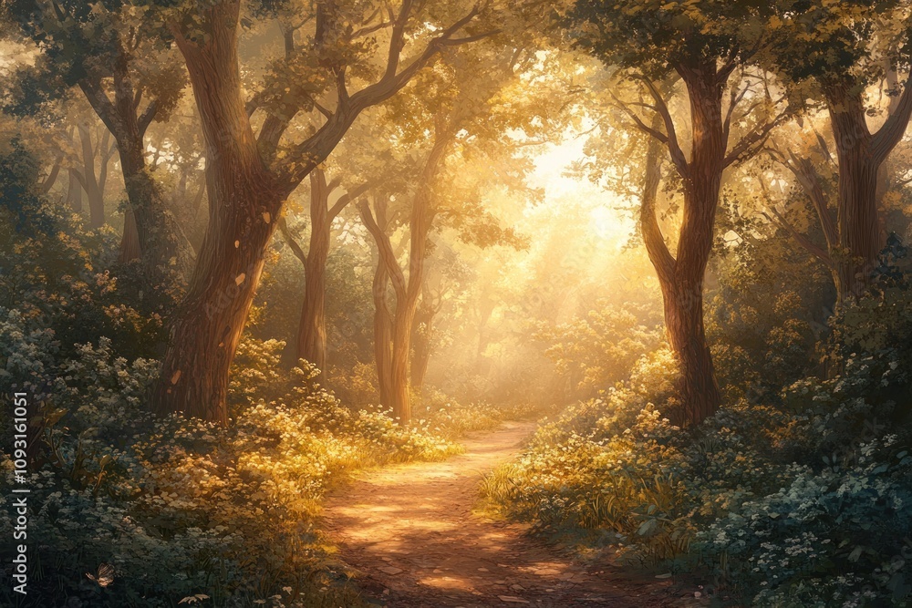 Naklejka premium Sunlit Path Through A Golden Forest Of Tall Trees