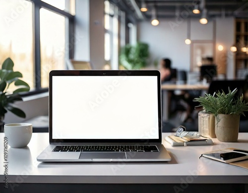 mock up of laptop computer with blank white screen background of open plan modern office 