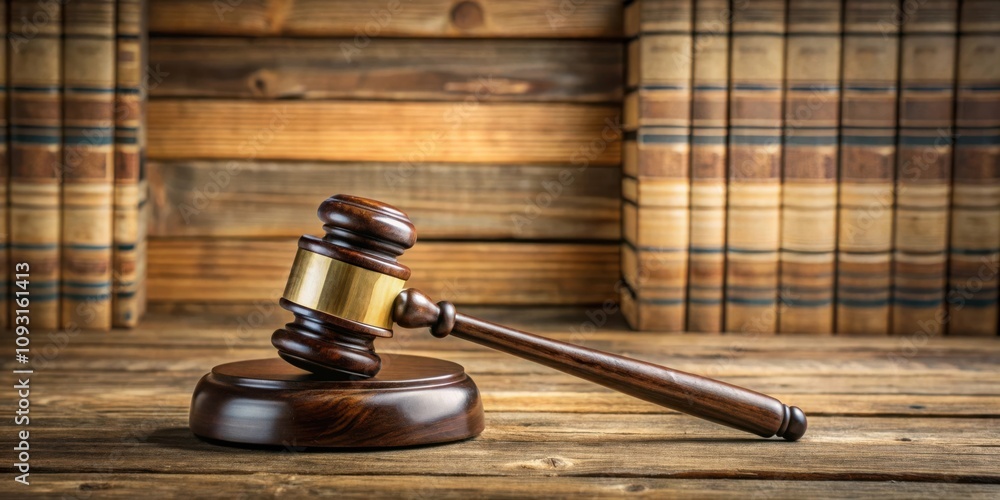 A wooden gavel with a golden band rests on a wooden block, a symbol of justice and the law, set against a backdrop of aged leather-bound books. A wooden gavel with a golden band rests on a wooden block, a symbol of justice and the law, set against a backdrop of aged leather-bound books.