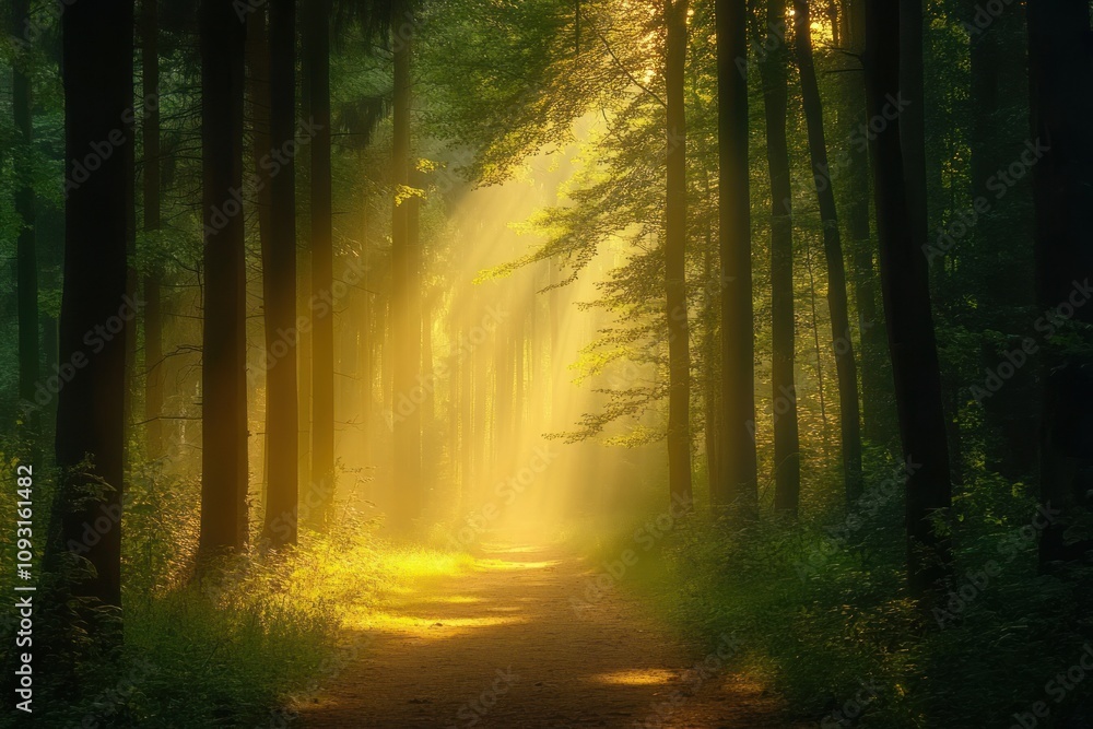 Obraz premium Golden Sunlight Illuminates Forest Path Trees