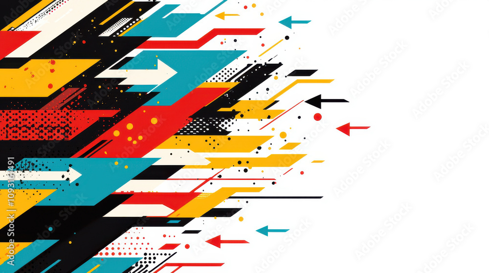 Fototapeta premium Dynamic abstract design featuring overlapping arrows in vibrant colors. This energetic composition combines black, red, yellow, and blue elements, creating sense of movement and direction