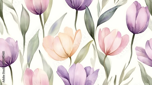 Elegant seamless pattern of watercolor tulips, soft pastel hues, baby pink and lavender petals, airy and delicate green leaves, loose brush strokes, hand-painted texture, natural flow,