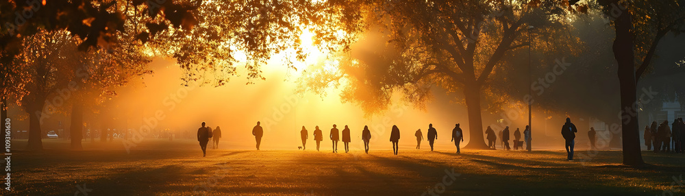 Fototapeta premium Photo Golden Sunrise Walk in Misty Autumn Park