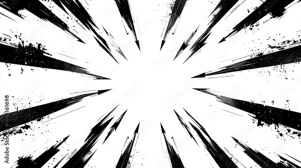 Dynamic black arrows radiate from central point, creating striking burst effect on white background, evoking energy and movement Dynamic black arrows radiate from central point, creating striking burst effect on white background, evoking energy and movement