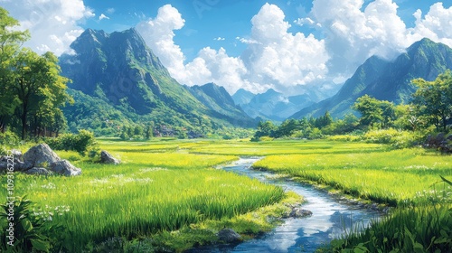 Serene Landscape Featuring Lush Green Rice Fields, Sparkling Stream, Majestic Mountains, and Lively Clouds Under Bright Blue Sky in a Peaceful Natural Setting