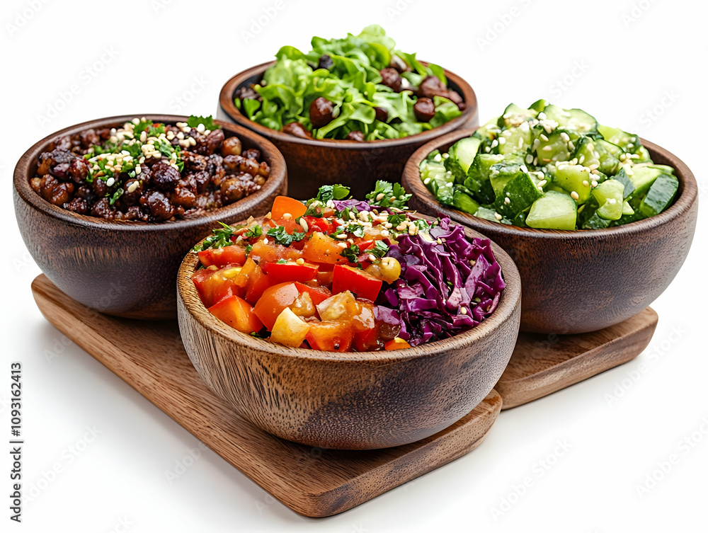 Photo - Variety of Fresh Salads Cucumber Tomato Red Cabbage Chickpea Lettuce in Wooden Bowls Photo - Variety of Fresh Salads Cucumber Tomato Red Cabbage Chickpea Lettuce in Wooden Bowls