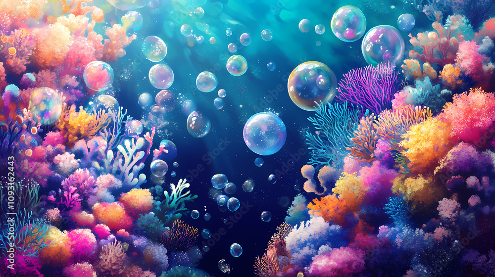 Vibrant coral reef abstract: dive into a whimsical underwater world bursting with color and life, perfect for summery, tropical, and playful designs. Underwater Bubble Worlds. Illustration Vibrant coral reef abstract: dive into a whimsical underwater world bursting with color and life, perfect for summery, tropical, and playful designs. Underwater Bubble Worlds. Illustration