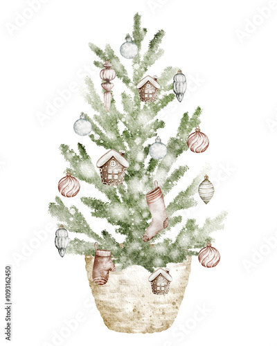 Watercolor Christmas-Tree in in vintage style, with toys in a wicker basket. Hand drawn Illustration for New Year Invitations and Holiday Greeting Cards on isolated background. Drawing of Fir tree.