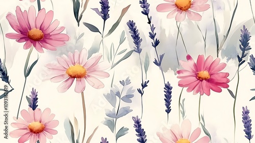 Wallpaper Mural Light watercolor daisies and lavender in a seamless pattern, pastel colors, soft pink and lavender petals, delicate green leaves, flowing and airy brush strokes, hand-painted effect, natural texture, Torontodigital.ca