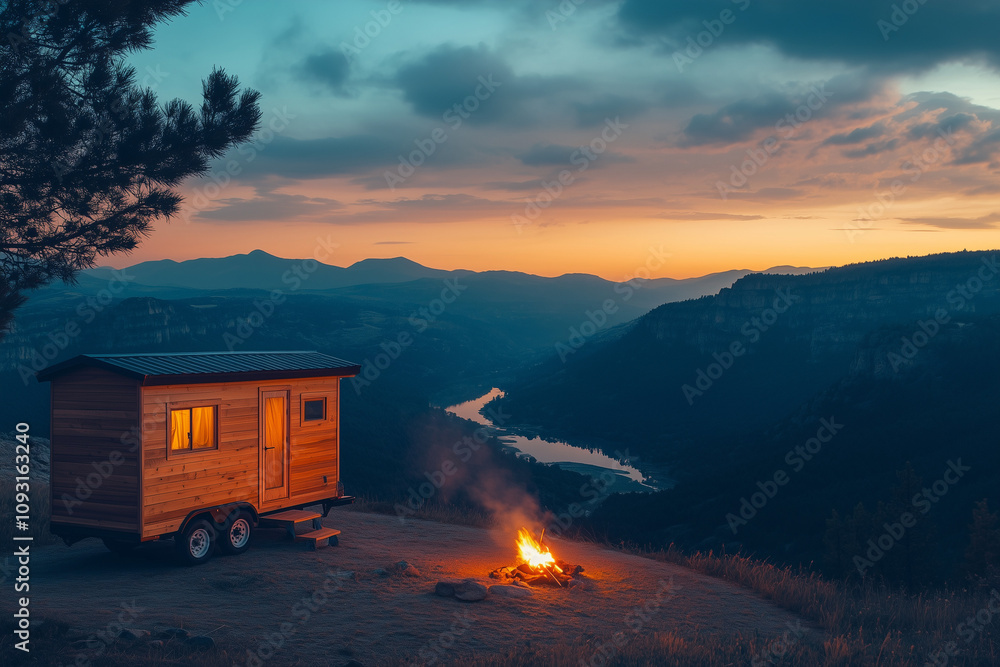 A cozy wooden camper sits on a hillside at sunset, with a warm glow from the windows. A campfire crackles nearby, illuminating the scenic valley below and distant mountains. A cozy wooden camper sits on a hillside at sunset, with a warm glow from the windows. A campfire crackles nearby, illuminating the scenic valley below and distant mountains.