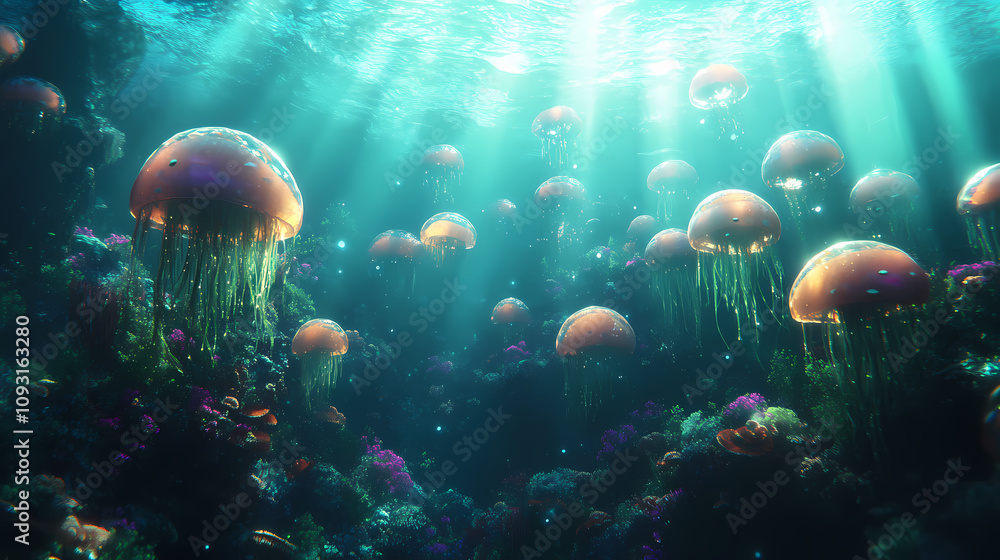 Fototapeta premium Mysterious underwater world with soft rays of light filtering through, creating a calm and magical atmosphere. Underwater Bubble Worlds. Illustration