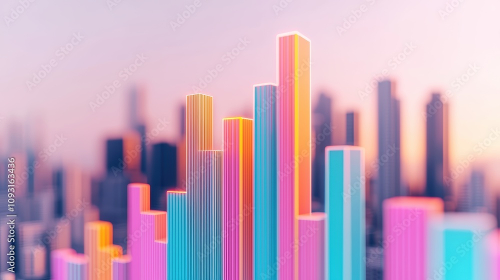 Market value in the stocks marketplace concept. A vibrant, abstract representation of colorful bar graphs against a soft cityscape backdrop, symbolizing growth and data visualization. Market value in the stocks marketplace concept. A vibrant, abstract representation of colorful bar graphs against a soft cityscape backdrop, symbolizing growth and data visualization.
