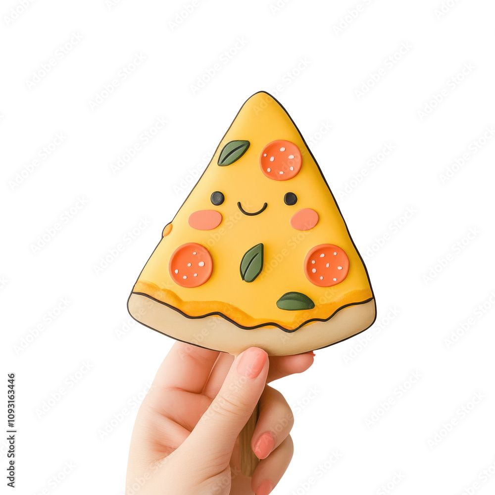 Hand holding a cute, smiling pizza slice on a white isolate background. Hand holding a cute, smiling pizza slice on a white isolate background.