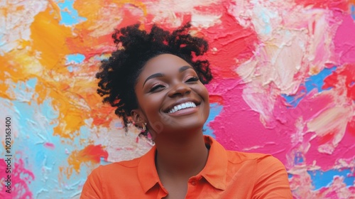 Smiling Young Woman Taking Selfie Against Colorful Background