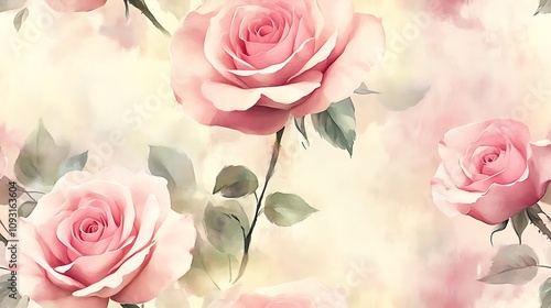 Light watercolor roses in a seamless pattern, pastel pinks and creamy tones, delicate petals intertwined with airy green foliage, flowing and elegant brush strokes, hand-painted effect,