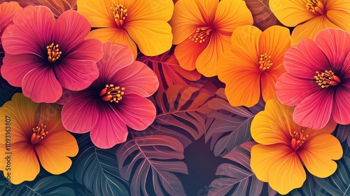 Wallpaper Mural A vibrant floral-inspired background featuring bold blooms in shades of fuchsia, orange, and yellow. Abstract leaves overlay a gradient base, creating a lively and tropical atmosphere. Perfect  Torontodigital.ca