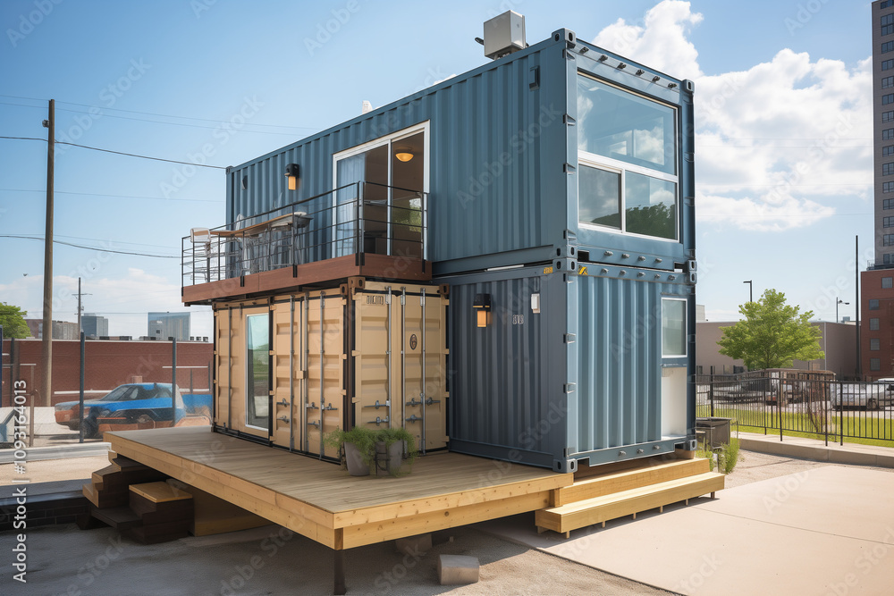A modern, two-story house made from stacked shipping containers, featuring a wooden deck, a balcony with outdoor seating, and large windows under a clear blue sky. A modern, two-story house made from stacked shipping containers, featuring a wooden deck, a balcony with outdoor seating, and large windows under a clear blue sky.