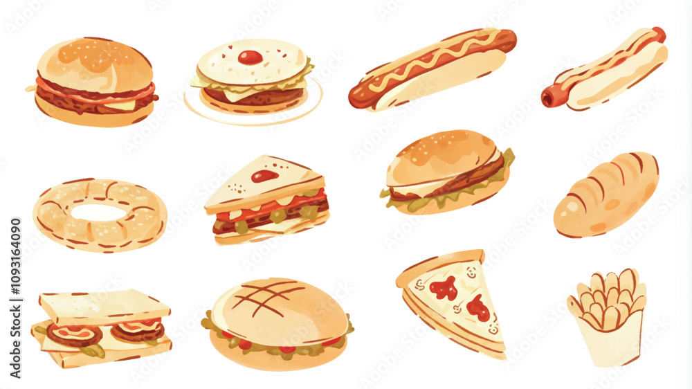 Set of fast food icons. Vector illustration of hamburger, hot dog, french fries, pizza, sandwich, burger, sandwich, hot dog. Set of fast food icons. Vector illustration of hamburger, hot dog, french fries, pizza, sandwich, burger, sandwich, hot dog.
