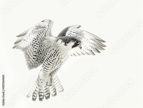 A majestic bird in flight with striking white and gray feathers against a pale background. photo