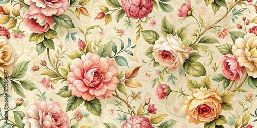 Elegant floral pattern featuring pink and yellow roses with intricate leaf details on a cream background