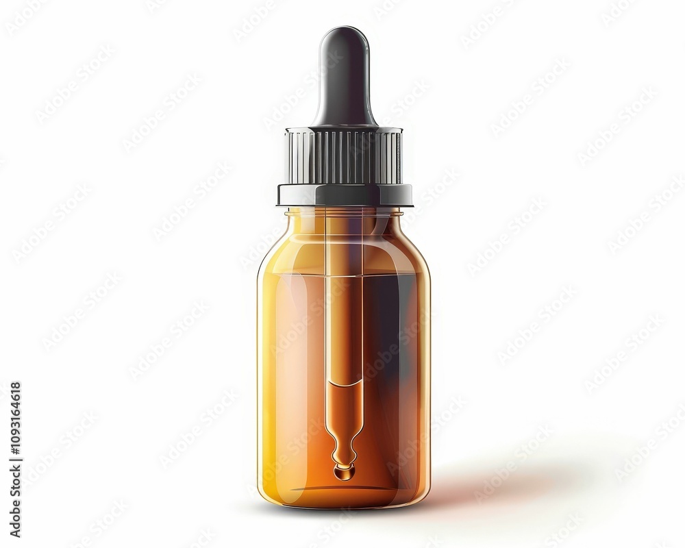 A glass dropper bottle with a dark lid, partially filled with amber liquid. A glass dropper bottle with a dark lid, partially filled with amber liquid.