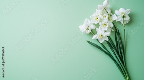 White daffodils on soft blue background, springtime. Copy space, free space for text