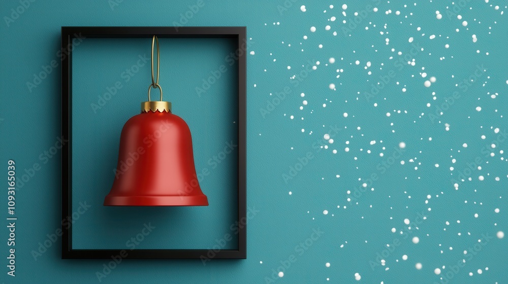 Obraz premium A red bell hangs within a black frame against a teal background, surrounded by sparkling white specks, evoking a festive and cheerful atmosphere.