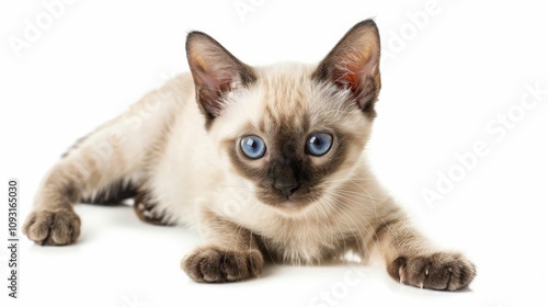 Siamese cat with striking blue eyes lying on a white background, showcasing its unique coat pattern.