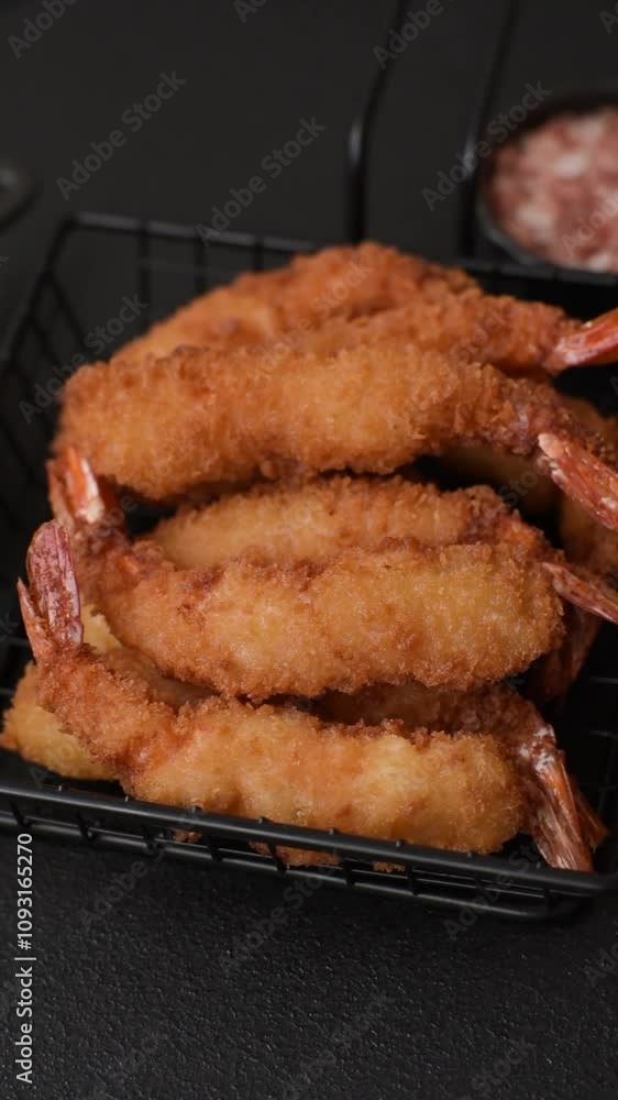 Hot crispy shrimp breaded with salt and spices with white sauce on a dark concrete background Hot crispy shrimp breaded with salt and spices with white sauce on a dark concrete background
