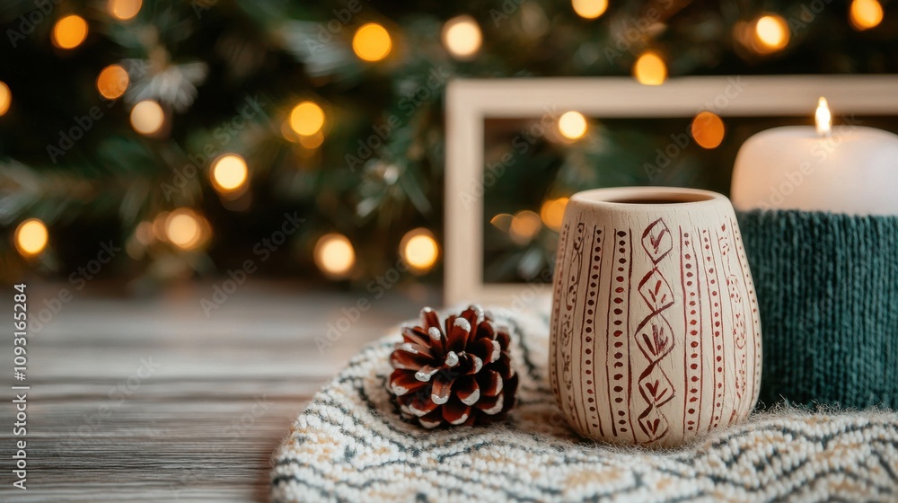 A cozy holiday scene featuring a decorative mug, a candle, and a pine cone, set against a backdrop of soft, glowing lights. A cozy holiday scene featuring a decorative mug, a candle, and a pine cone, set against a backdrop of soft, glowing lights.