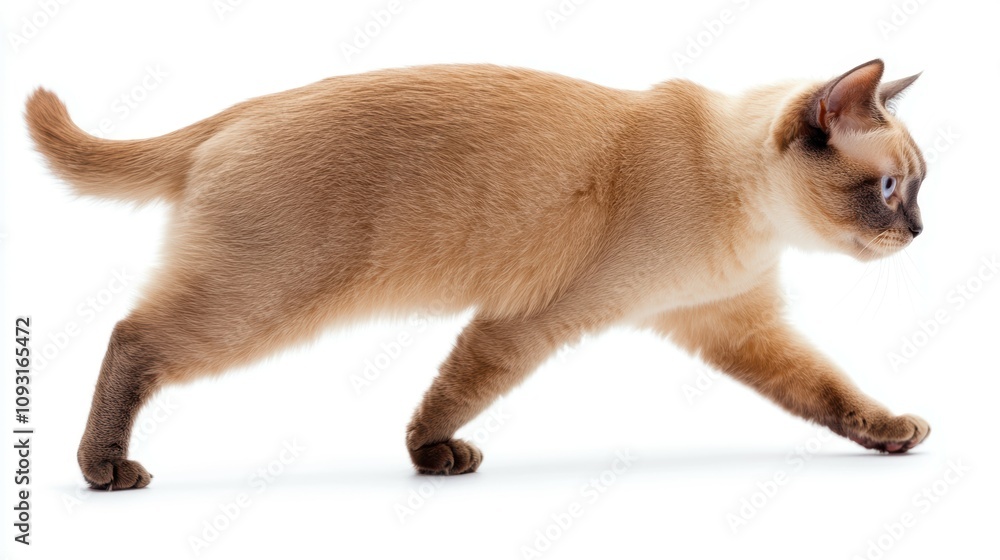 Burmese cat walking confidently on white background - pet photography indoor minimalist style Burmese cat walking confidently on white background - pet photography indoor minimalist style