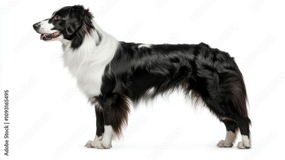 Fototapeta premium Regal collie with shiny coat standing on white background in stunning portrait photography