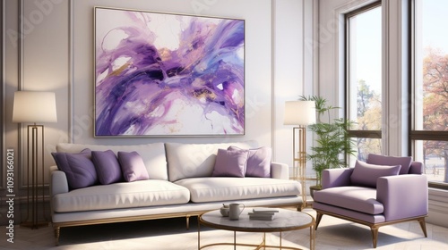 A living room with a large purple and gold painting on the wall