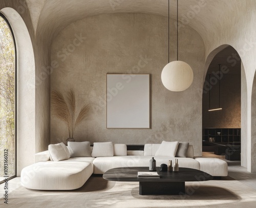 Modern Living Room with White Sofa, Black Table, and Wall Art Mockup