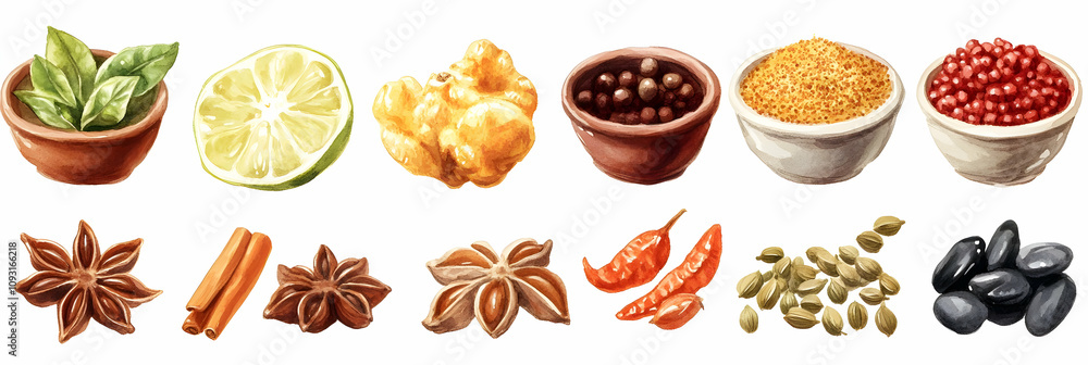 Watercolor Illustration of Lime, Ginger, Cinnamon, and Spices Watercolor Illustration of Lime, Ginger, Cinnamon, and Spices