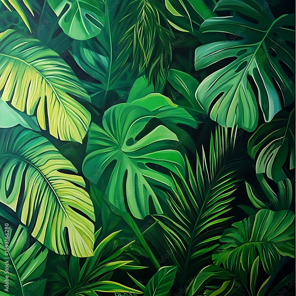Lush green leaves create vibrant jungle atmosphere, showcasing various tropical plants and their intricate textures. This artwork captures essence of nature beauty Lush green leaves create vibrant jungle atmosphere, showcasing various tropical plants and their intricate textures. This artwork captures essence of nature beauty
