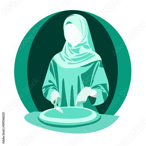 Cute Islamic Woman Slicing Pizza in Ramadhan Muslim Illustration Vector Flat Design